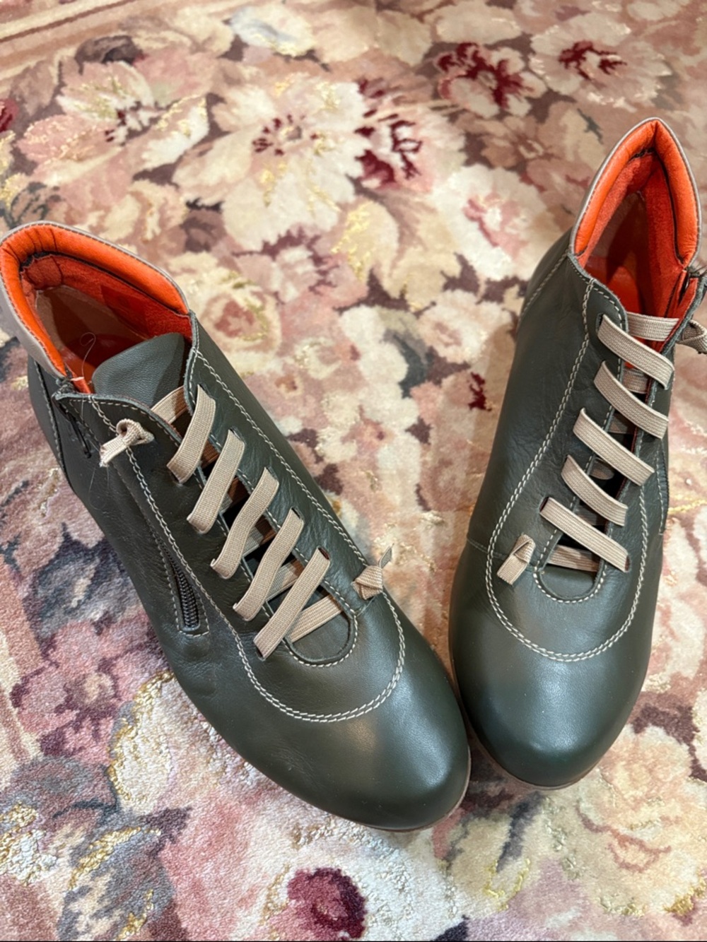 Olive Green Lace-Up Women’s Ankle Boots with Orange Lining